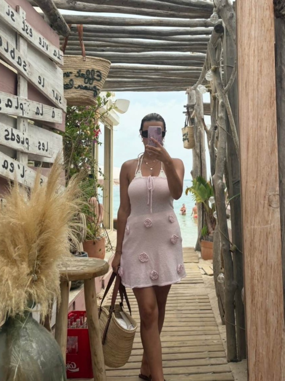 Meshki Strapless Pink Textured Mini Dress with Floral Appliqués - Picture 4 of 4